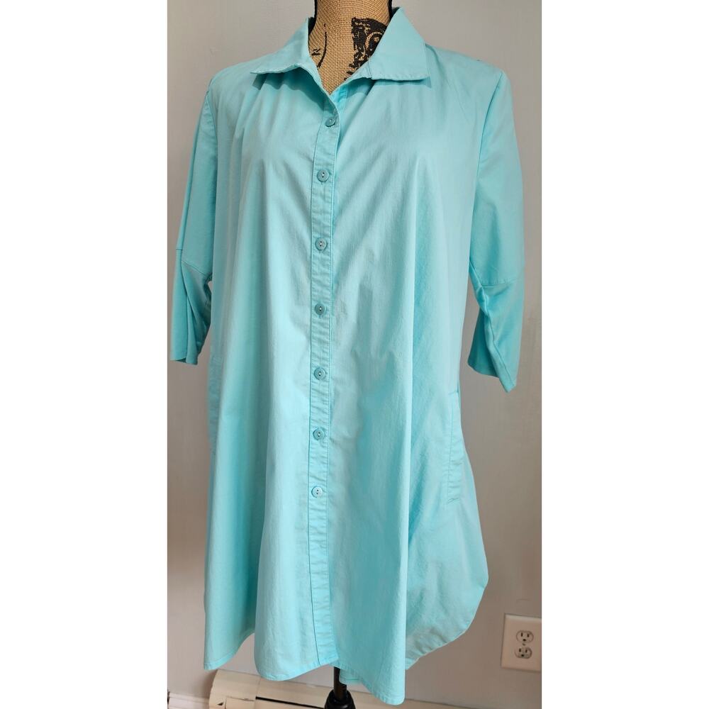Stella Carakasi Button-Down Tunic Shirt Tulip Pockets Turquoise Jersey Back Sz M - Picture 5 of 9